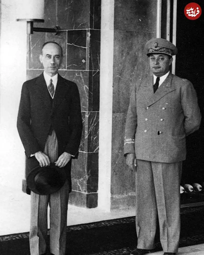 عکس؛ سفر در زمان؛ «سرپاس مختاری و سرلشکر نخجوان در کنار علی منصور»؛ سال 1320