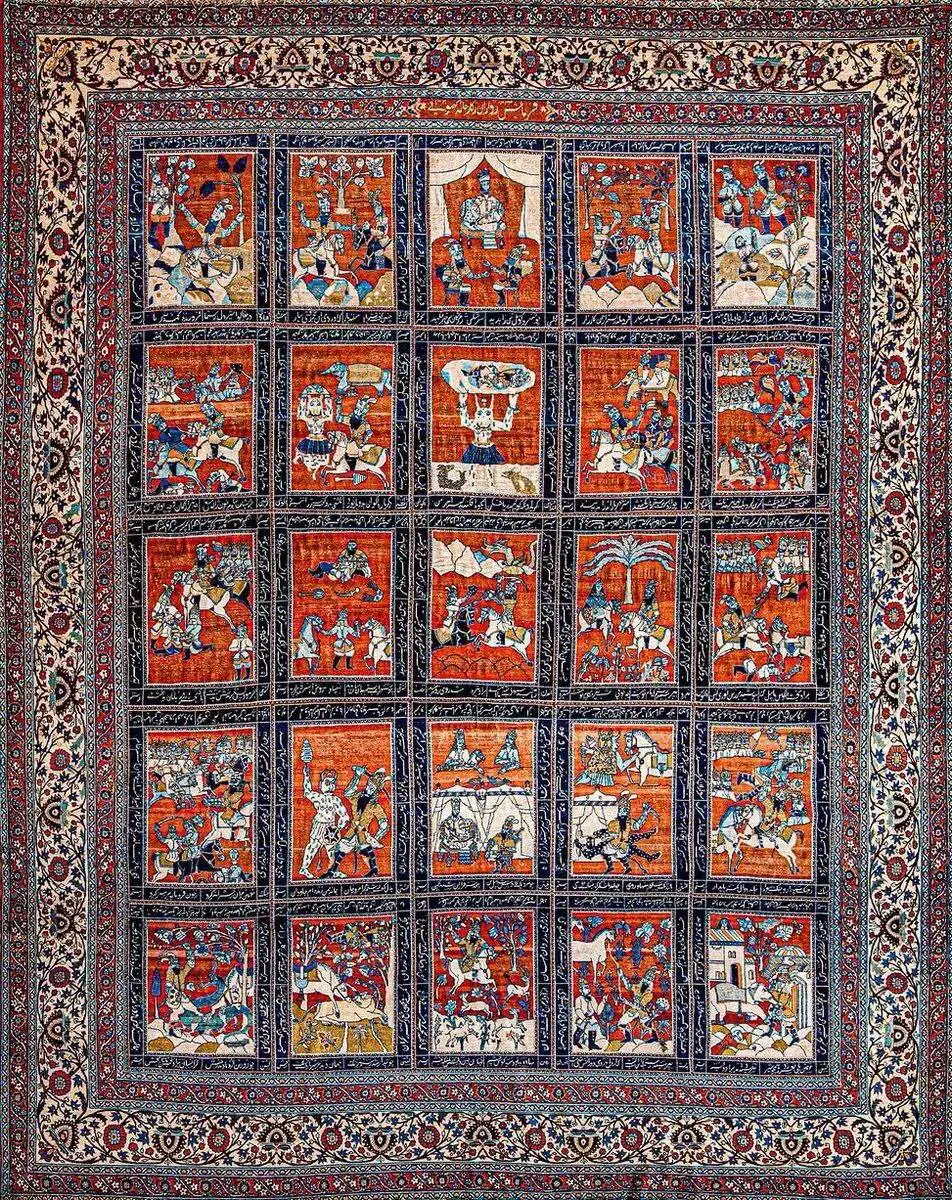 عکس؛ فرش تاریخی قصه رستم از شاهنامه فردوسی اثر هنرمندان تبریزی