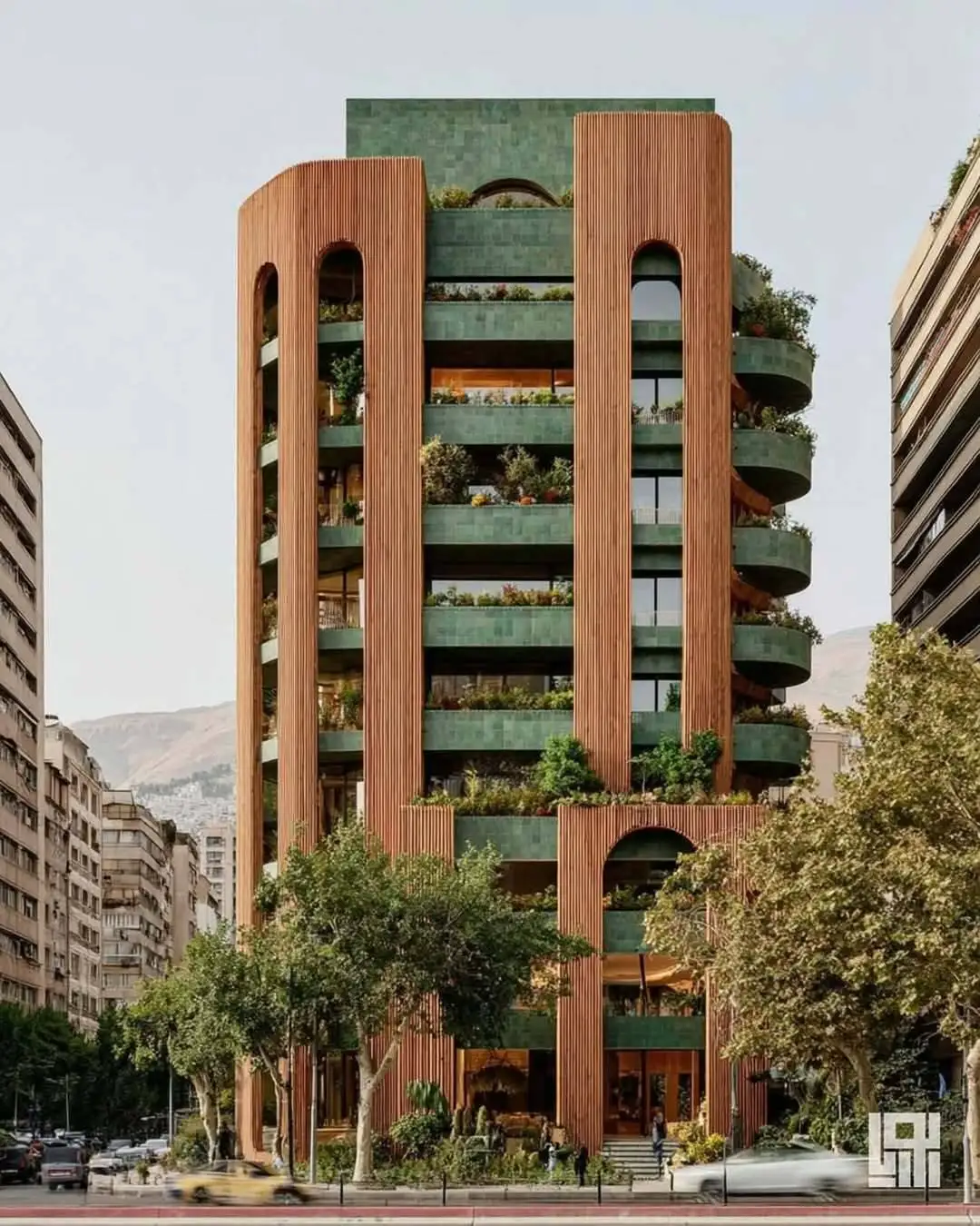 تصاویر؛ ترکیب جالب آجر و رنگ سبز پررنگ؛ طراحی ایرانی با هوش مصنوعی