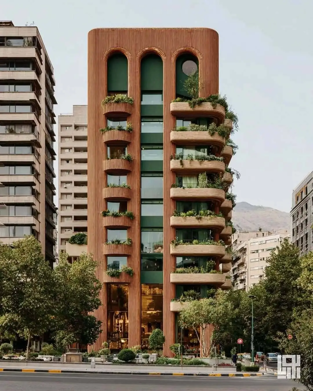 تصاویر؛ ترکیب جالب آجر و رنگ سبز پررنگ؛ طراحی ایرانی با هوش مصنوعی