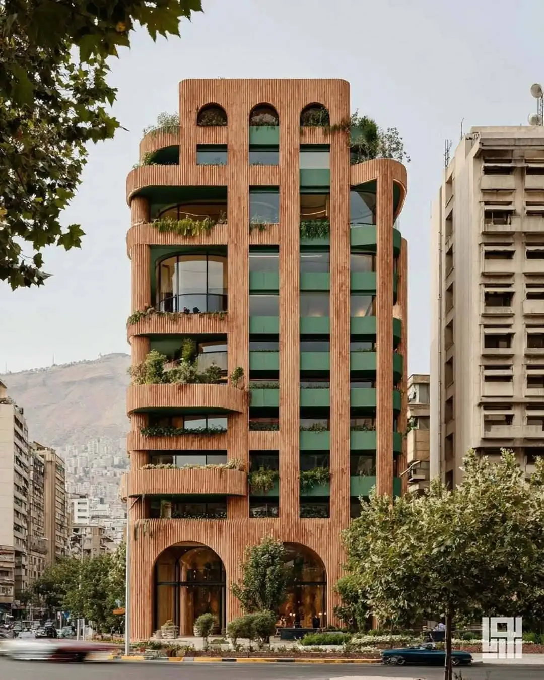 تصاویر؛ ترکیب جالب آجر و رنگ سبز پررنگ؛ طراحی ایرانی با هوش مصنوعی