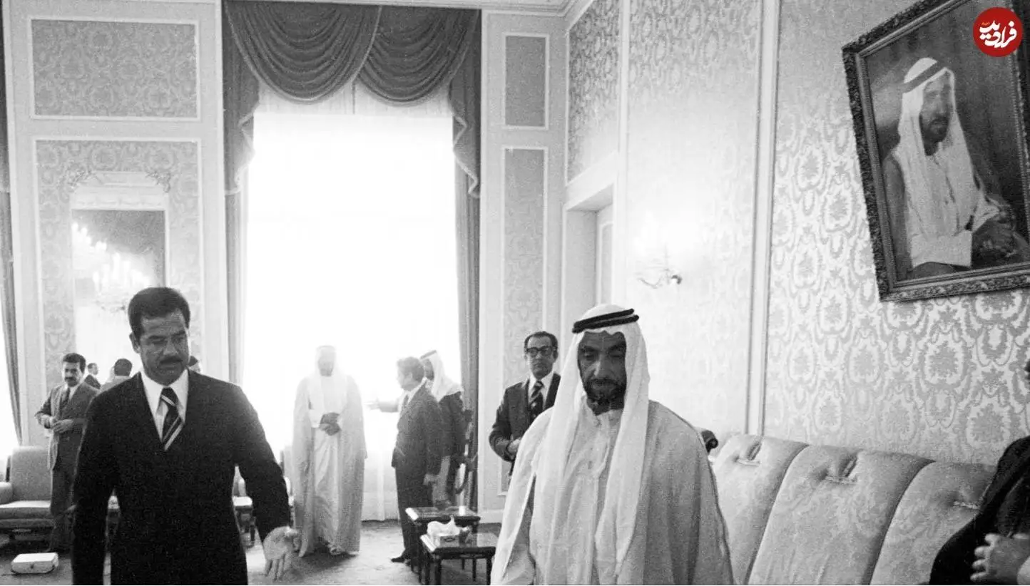 عکس| سفر در زمان؛ «صدام» در دفتر «شیخ زاید» بنیانگذار امارات؛ سال 1352