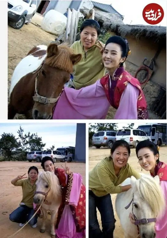 عکس| سفر در زمان؛ «سوسانو» در کنار دو اسب پونی در پشت صحنه سریال جومونگ؛ 20 سال قبل