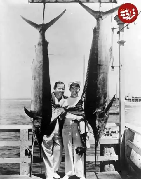 عکس| سفر در زمان؛ «لورل و هاردی» در کنار دو ماهی غول پیکر؛ سال 1308