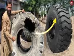 (ویدئو) مهارت خارق العاده استاد پاکستانی در تعمیر پارگی لاستیک غول پیکر